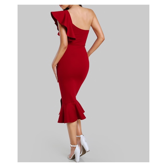 Red One Shoulder Ruffle Bodycon Midi Dress - Picture 3 of 8